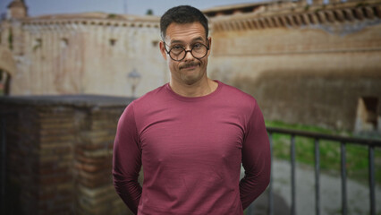 Obraz premium Young hispanic man with glasses and moustache, hands behind back and slight smirk, wearing maroon long sleeve shirt in front of building; wry amusement.