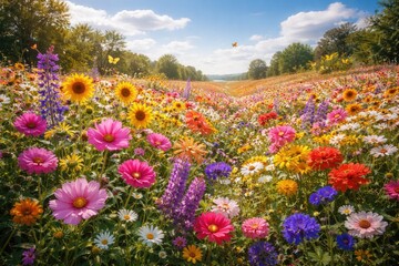 Obraz premium Radiant midsummer floral vista showcasing an abundant mix of blooms beneath a soft blue sky celebrating nature