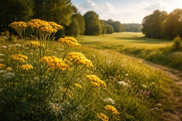 Naklejka premium Radiant tansy blooms alongside an open pastoral meadow view