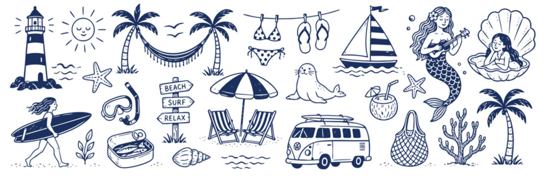 Hand-drawn summer beach vacation elements collection. Includes lighthouse, palm trees, surfboard, mermaid, van, umbrella, and sea life icons in a cute doodle style.