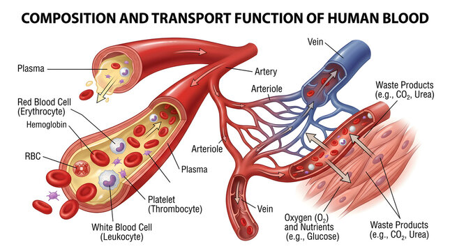 Composition and Transport Function of Human Blood Diagram Showing Plasma, Red and White Blood Cells, Platelets and Their Movement Through Arteries, Veins and Capillary Beds to Deliver Oxygen, Nutrient