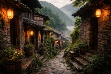 Obraz premium heritage alleyway in hill community amid regional natural conservation