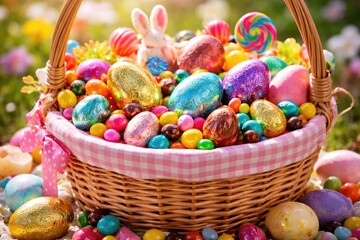 Naklejka premium brightly decorated Easter basket brimming with colorful candy and chocolate eggs