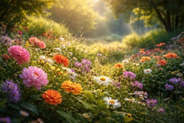Obraz premium Sunlit blooming flowers flourishing amid rich green natural landscape