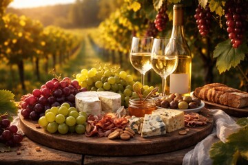 Naklejka premium Chic wine and cheese platter showcasing fresh grapes in a glowing vineyard scene for special moments