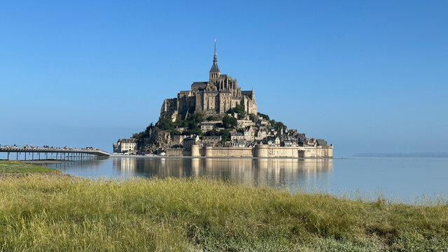 Mont-Saint-Michel Tidal Island on a Clear Summer Morning, Medium Wide Shot