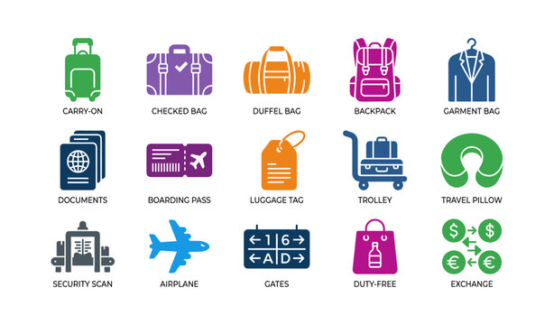 Luggage and travel icons showing baggage and airport services