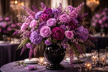 Obraz premium Refined floral display of purple and pink flowers in a black vase suited for special occasions