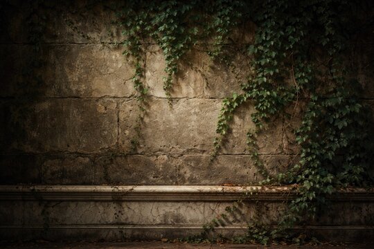 Aged interior stone wall with creeping ivy and chipped marble border