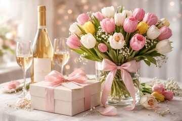 Naklejka premium Spring tulips arranged with wine and gift box perfect for birthdays and weddings