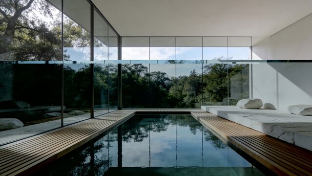 Zen reflection pool in modern minimalist hall