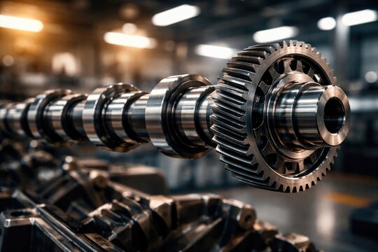 Sleek camshaft close up revealing detailed metalwork and gear elements set before a blurred motion background in a modern engineering workshop with warm and cool tone lighting