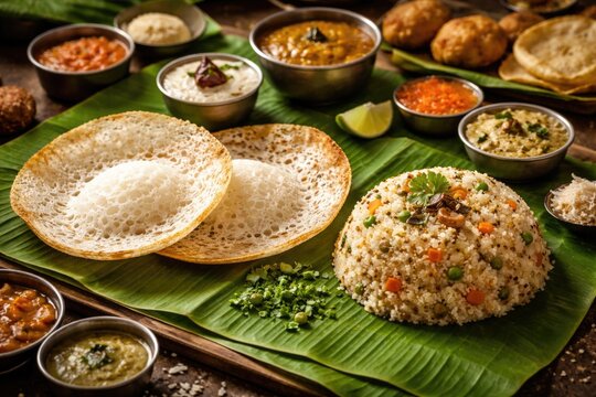 Selection of classic South Indian foods like Appam and Upma presented on banana leaves