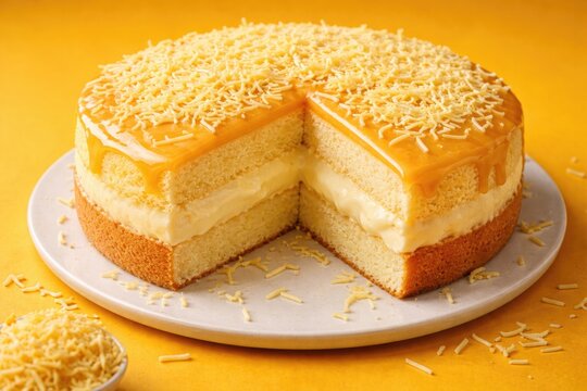 Yema Cake with Light Chiffon Sponge and Thick Custard Cheese Filling Presented on a Bold Yellow Surface