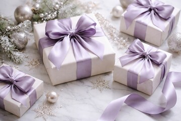Naklejka premium Refined holiday gifts featuring lavender silk bows on a marble texture