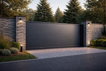 Obraz premium Modern remote operated sliding gate integrated into tall stone fence for property security