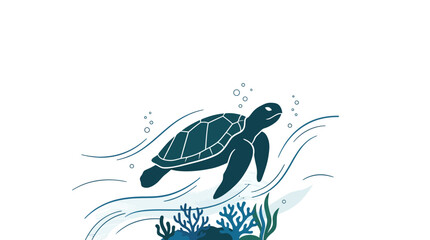Stylized illustration of a sea turtle swimming over a coral reef. © Insyirah_Munawwar
