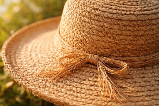 Summer straw hat close up showcasing detailed raffia stitching and organic material quality