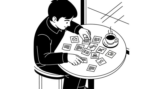 A young man sitting at a cafe table arranging small icon cards while drinking coffee.