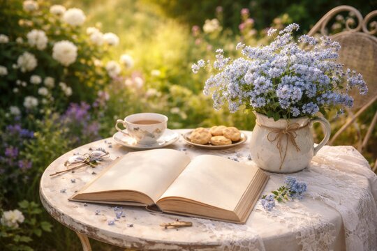 Relaxing vintage garden setup with blank book pages and a forget me not bouquet in summer