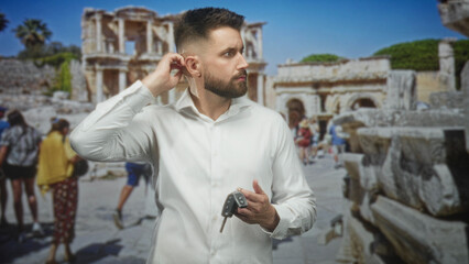 Obraz premium Man holding car keys in hand among ancient building ruins, looking pensive and glancing aside; contemplation travel curiosity.
