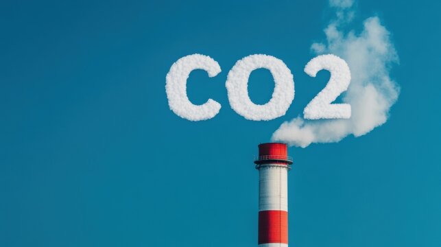 A smoke cloud from an industrial chimney forming the word "CO2" in white clouds against a blue sky. Acclaimed 