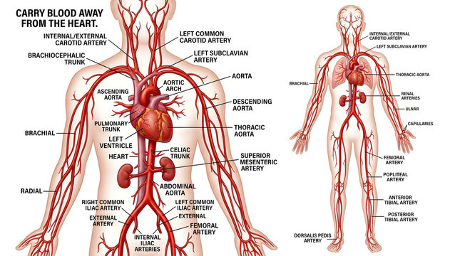 Detailed Human Arterial Network Illustration Highlighting the Heart and Major Branches That Carry Blood Away from the Heart, with Labels for Aorta, Coronary, Carotid, Subclavian, Renal, Iliac and Femo