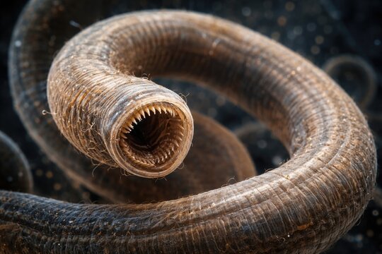 Magnified parasitic nematode worm exhibiting distinctive textures and structures under 100x microscope