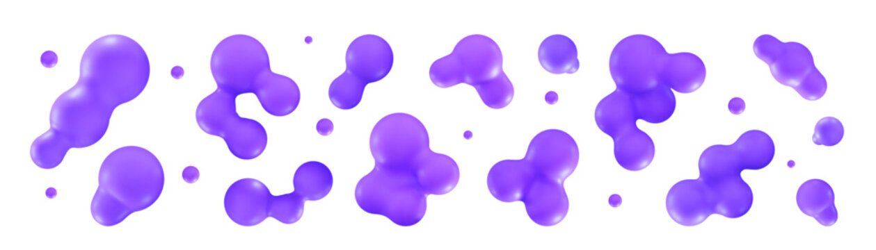 3d lava liquid blobs set Fluid 3D metaballs Abstract purple holographic spheres in flight