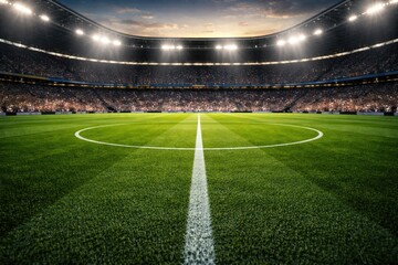 Naklejka premium soccer stadium with pristine green turf ready for competitive midfield play