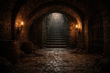 Fototapeta premium Medieval dungeon interior showing textured stone floor and arched brick tunnel stairway