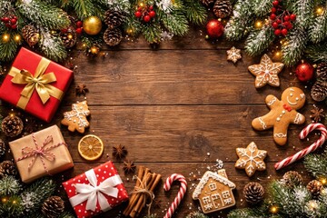 Naklejka premium Seasonal holiday concept showcasing Christmas tree twigs, gingerbread treats, and gift packages on wooden texture with copyspace
