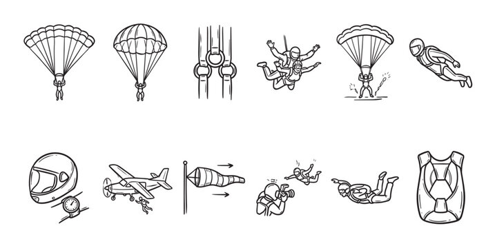 Collection of hand drawn black and white line art icons depicting various skydiving elements including parachutes, jumpers in flight, equipment, and aircraft for adventure sports.