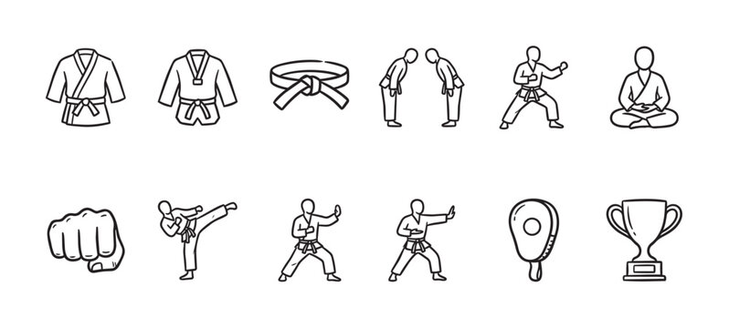 This is a clean black and white illustration set of martial arts icons, including uniforms, belts, poses, and trophies, perfect for sports or fitness content.