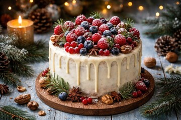 Naklejka premium Winter holiday cake decorated with fresh mixed berries and nuts on a soft blue wooden background with festive theme