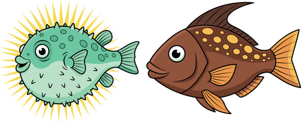 Cute Cartoon Green Puffer Fish and Brown Spotted Tropical Fish Set Vector Illustration for Ocean and Aquatic Designs © Rtazmina