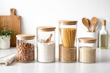 Obraz premium Simple and elegant kitchen storage with a clear glass container on a plain white background
