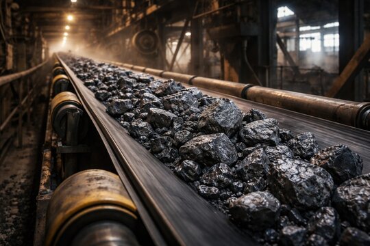 Industrial transport showing manganese ore pieces traveling on a conveyor belt