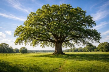 Naklejka premium Powerful oak tree standing tall in a rich green pasture under a sunny blue sky with gentle cloud streaks evoking tranquility