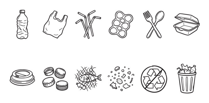 A collection of hand-drawn black and white icons illustrating various forms of plastic pollution and their impact on the environment, including waste and marine life.