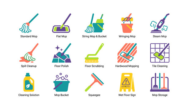 Mop and cleaning icons of tools and floor care on white background