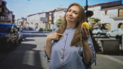 Obraz premium Senior hispanic woman points finger to chest while holding a lemon and wearing blue striped shirt on a sunlit town street; pride defiance.