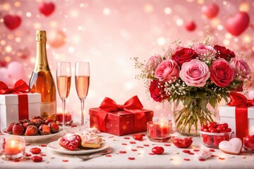 Naklejka premium Valentines Day celebration table decorated festively on a cheerful background with copy space
