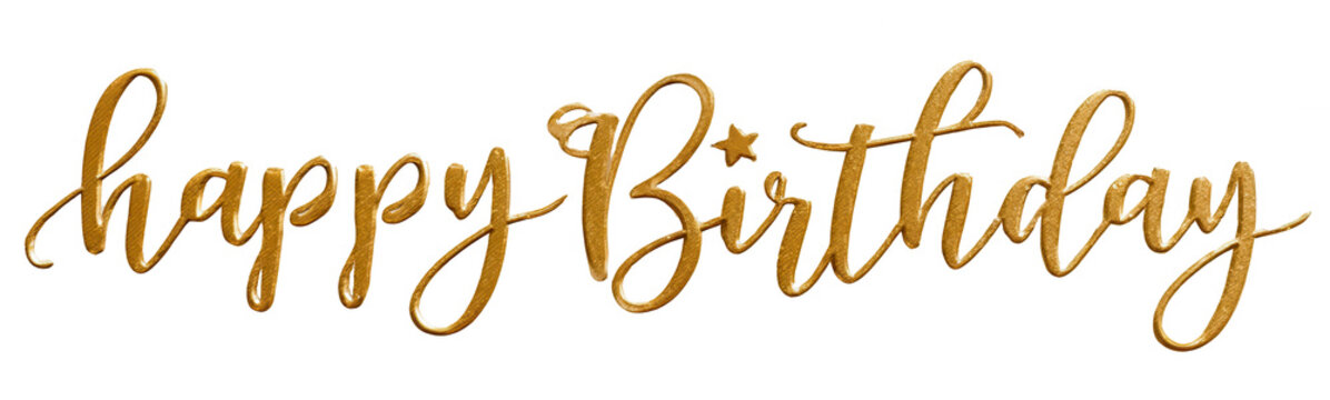 Gold cursive text on white background reads happy birthday