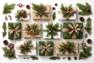 Naklejka premium Greenery accented Christmas packages arranged symmetrically atop white backdrop for holiday themed design