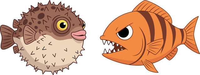 Cute Puffer Fish and Angry Piranha Cartoon Vector Illustration for Ocean, Wildlife, and Aquatic Animal Designs © Rtazmina