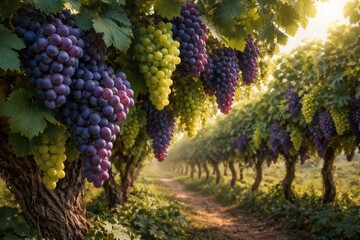Naklejka premium Expansive grapevines heavy with purple and green fruit