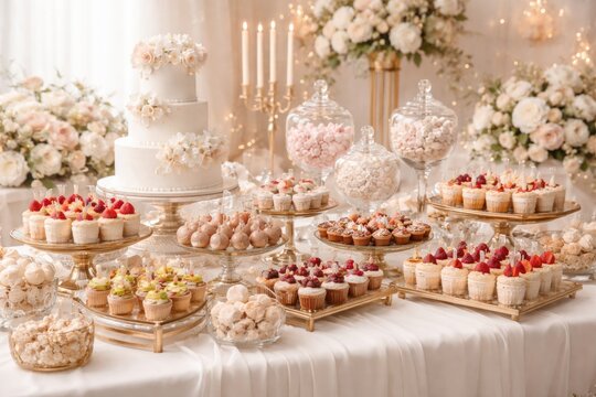 Refined wedding candy buffet offering assorted sweets and mini cakes with space for text
