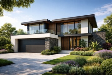Fototapeta premium Modern luxury house facade with double garage and vibrant garden on a sunny day including copy space