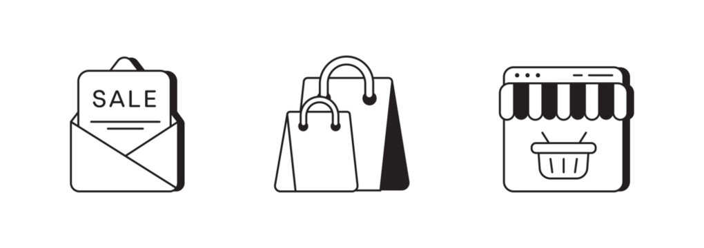 Minimal shopping icons sale, bags, storefront. Clean black outline symbols representing sale envelope, shopping bags, storefront